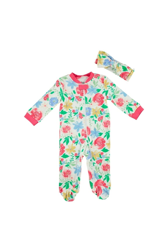 Girl 2-Piece Footed Coverall Set Matching Headband Floral Pajamas, Sizes Newborn-9 Months