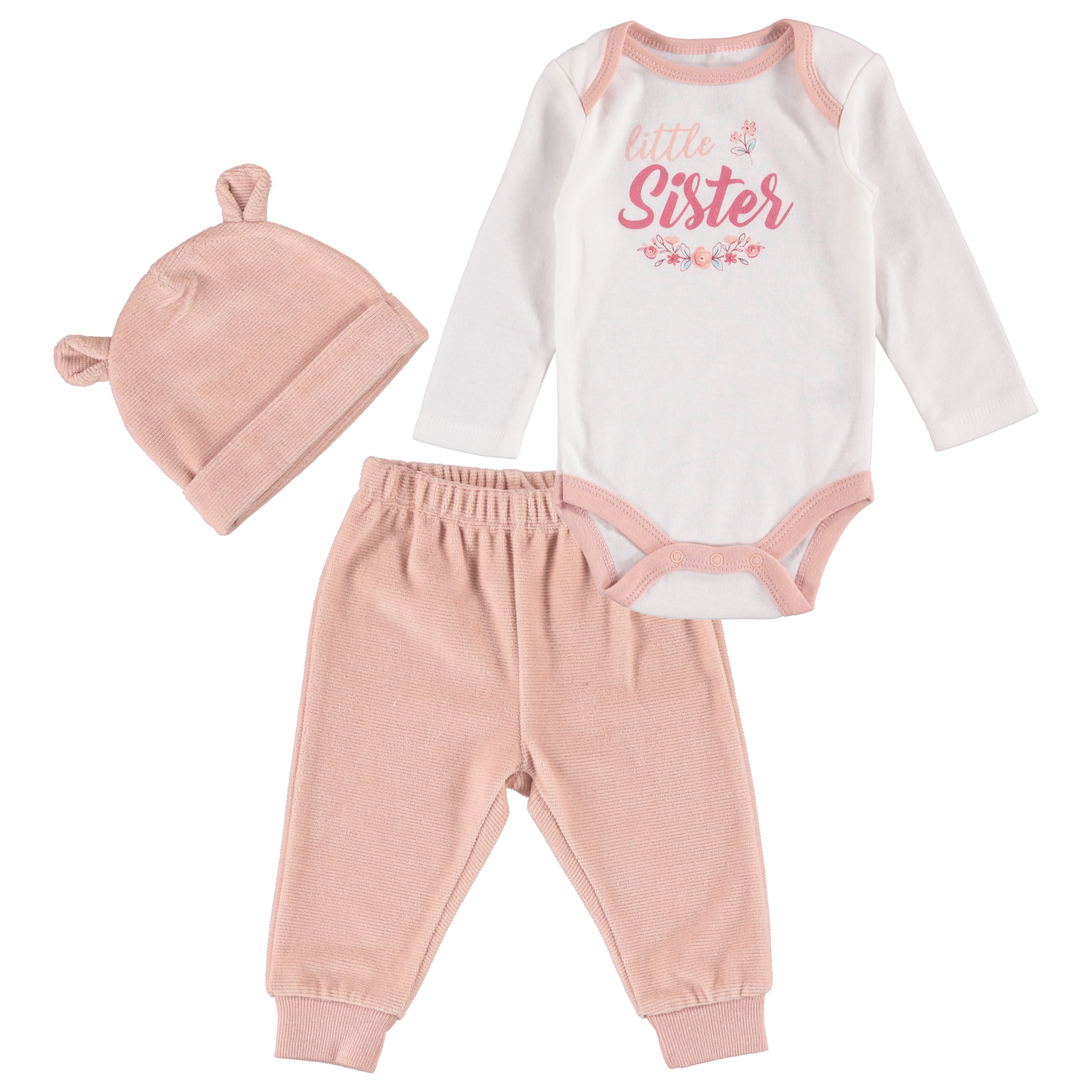 Chick Pea Baby Girl 3 Pc Rib Velour Jogger Outfit Set w Hat, Sizes