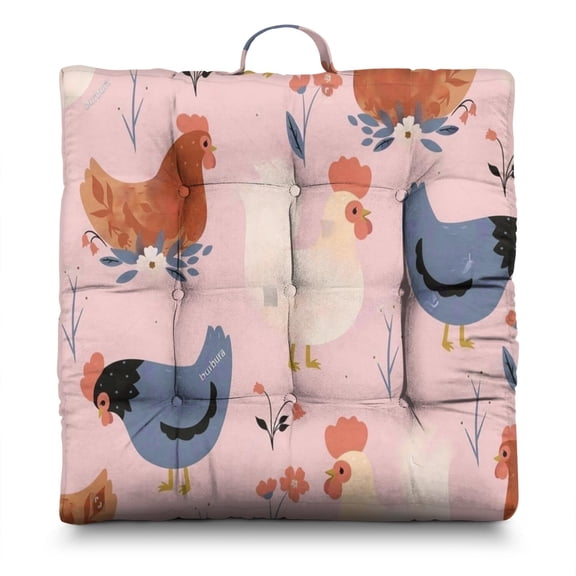 Chick & Sunflower Floor Cushion - Oversized Square Meditation Pillow with Farmhouse Aesthetic