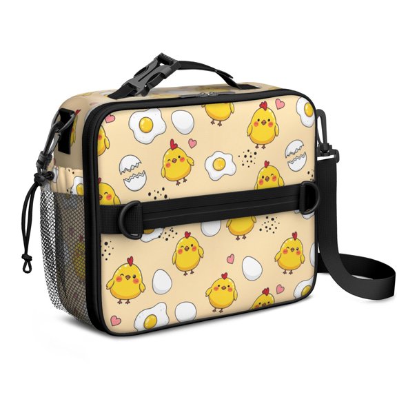 Chick and Egg Yellow Pattern Insulated Lunch Bag with Shoulder Strap and Bottle Holder,Bento School Lunch Bag Box,11x9.5x3.5 Inches