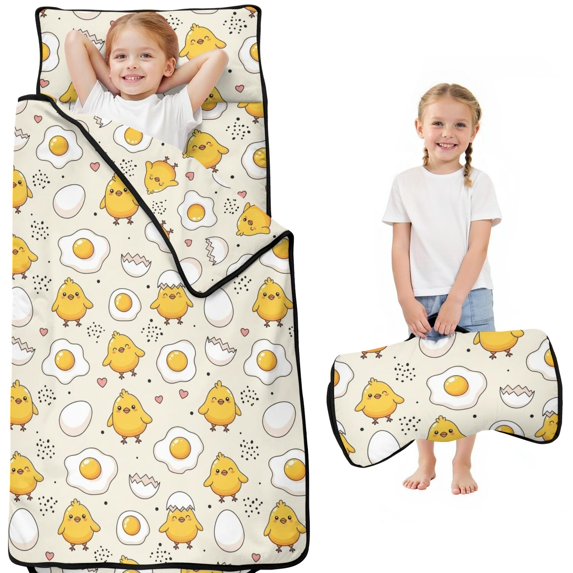 Chick and Egg Yellow Pattern Teens Toddler Nap Mat with Pillow, Sleeping Mat Bag for Preschool Daycare 50"x20"