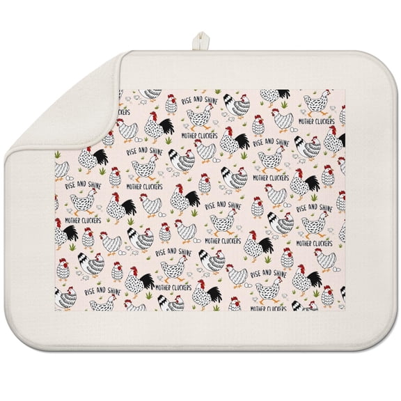 Chick and Sunflower Drying Mat - Foldable Microfiber Dish Drying Pad - Rustic Country Farmhouse Design Kitchen Mat