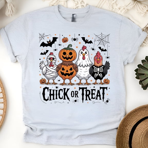 Chick or Treat Chicken T-Shirt | Funny Halloween Farm Animal Graphic Tee, Ash, Size 3XL