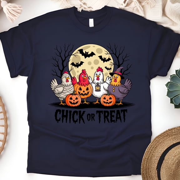 Chick or Treat Halloween Shirt | Funny Chicken Pumpkin Moon Graphic Tee, Navy, Size S
