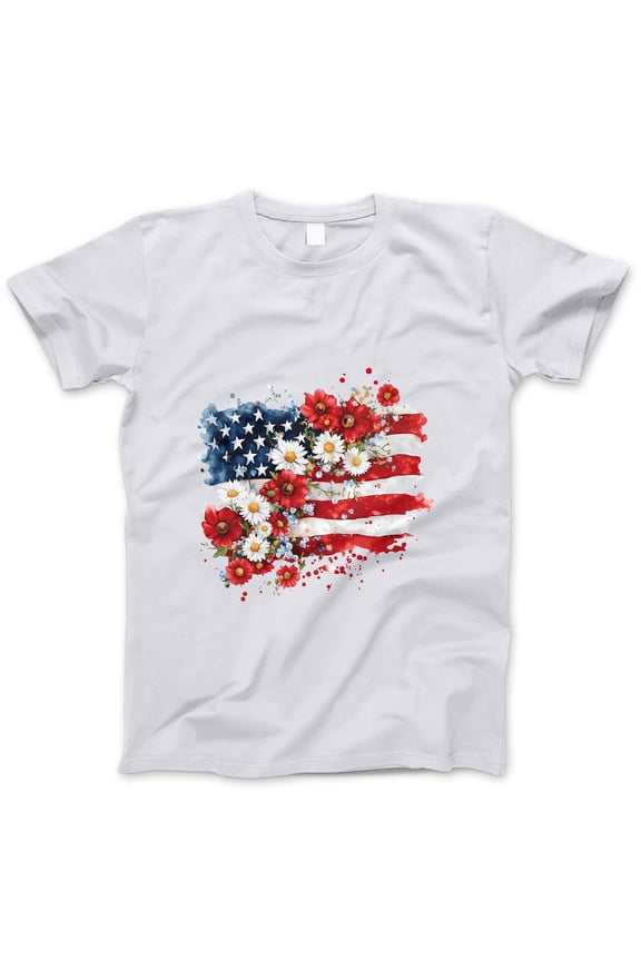 Floral American Flag T-Shirt – Watercolor Patriotic Flower USA Tee – 4th of July Shirt for Women, Red White Blue Daisy Poppy Graphic Top for Summer & Independence Day