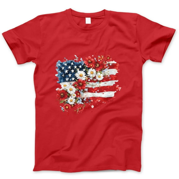 Floral American Flag T-Shirt – Watercolor Patriotic Flower USA Tee – 4th of July Shirt for Women, Red White Blue Daisy Poppy Graphic Top for Summer & Independence Day