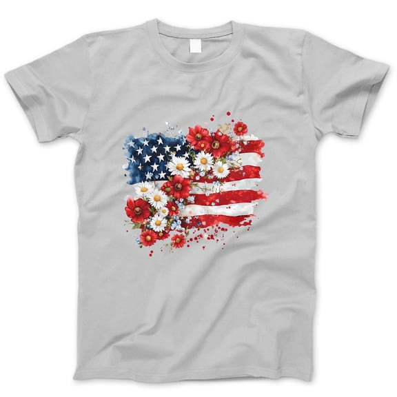Floral American Flag T-Shirt – Watercolor Patriotic Flower USA Tee – 4th of July Shirt for Women, Red White Blue Daisy Poppy Graphic Top for Summer & Independence Day