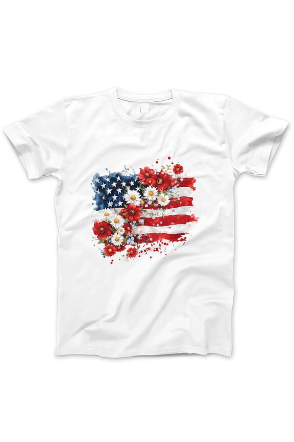 Floral American Flag T-Shirt – Watercolor Patriotic Flower USA Tee – 4th of July Shirt for Women, Red White Blue Daisy Poppy Graphic Top for Summer & Independence Day