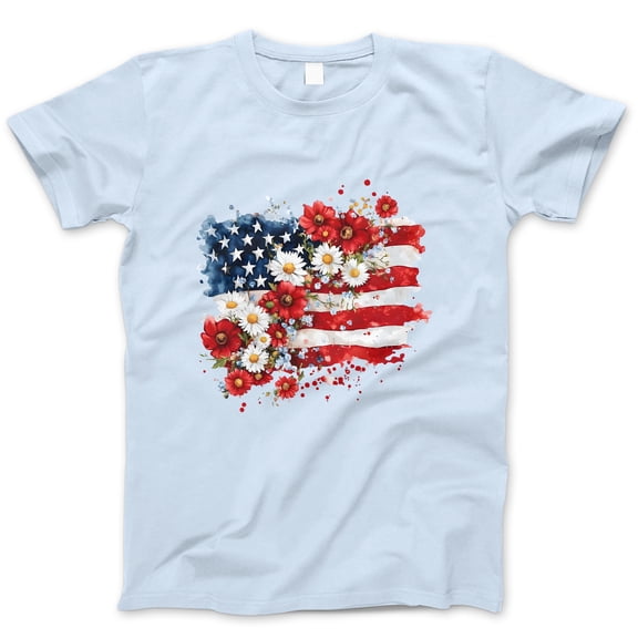 Floral American Flag T-Shirt – Watercolor Patriotic Flower USA Tee – 4th of July Shirt for Women, Red White Blue Daisy Poppy Graphic Top for Summer & Independence Day