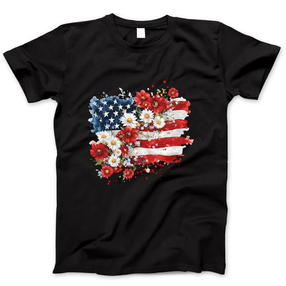 Floral American Flag T-Shirt – Watercolor Patriotic Flower USA Tee – 4th of July Shirt for Women, Red White Blue Daisy Poppy Graphic Top for Summer & Independence Day