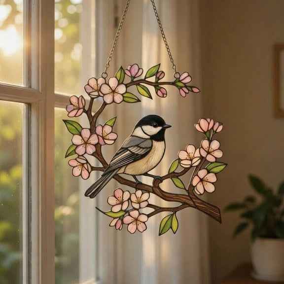 Chickadee Bird 2D Flat Acrylic Suncatcher | Floral Design | Spring Nature Decor | Window Hanging | Gift for Bird Lovers