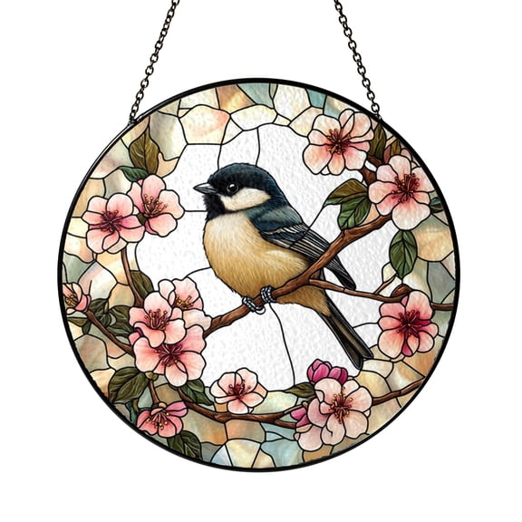 Chickadee Bird Acrylic Suncatcher Window Hanging Decor, Stained Glass Style Spring Bird Window Panel Art with Floral Nature Theme Design, Window Decoration Gift for Bird Lovers