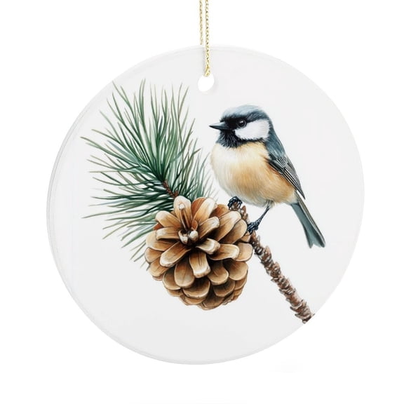 Chickadee Bird with Pine Cone Christmas Tree Ornaments Wild Chickadees with Branch Leaves Pinecones Christmas Tree Hangings Customized Ceramic Xmas Tree Decor