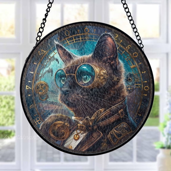 Steampunk Cat Stained Glass Suncatcher Metal Outdoor Decor Steampunk Bronze Gold Finish