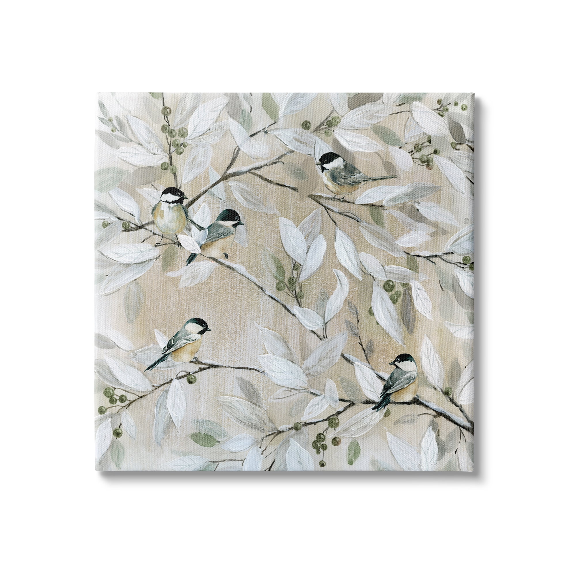 Chickadee Birds on Tree Branches Soft Berry Fruits 30 in x 30 in Painting Canvas Art Print, by Stupell Home Décor
