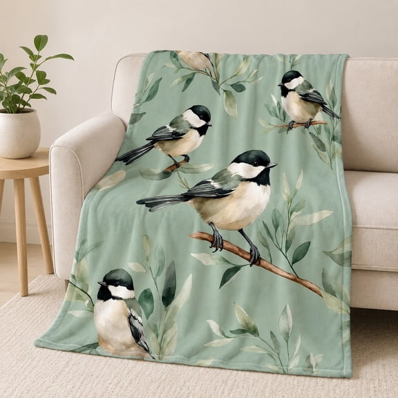 Chickadee Watercolor Bird Print Fleece Throw Blanket, Soft 280 GSM Polyester, Nature-Inspired Decor