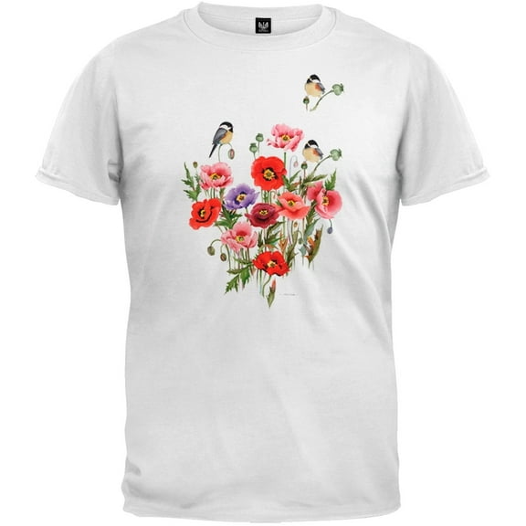 Chickadee Floral White T-Shirt - Medium
