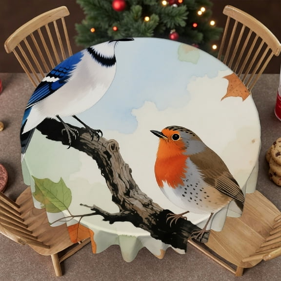 Chickadee Goldfinch Bluebird tablecloths for round tables, Festive Table Setting - Machine-Made Family Round Tablecloth, Cafe, dinner, brunch, buffet, picnic