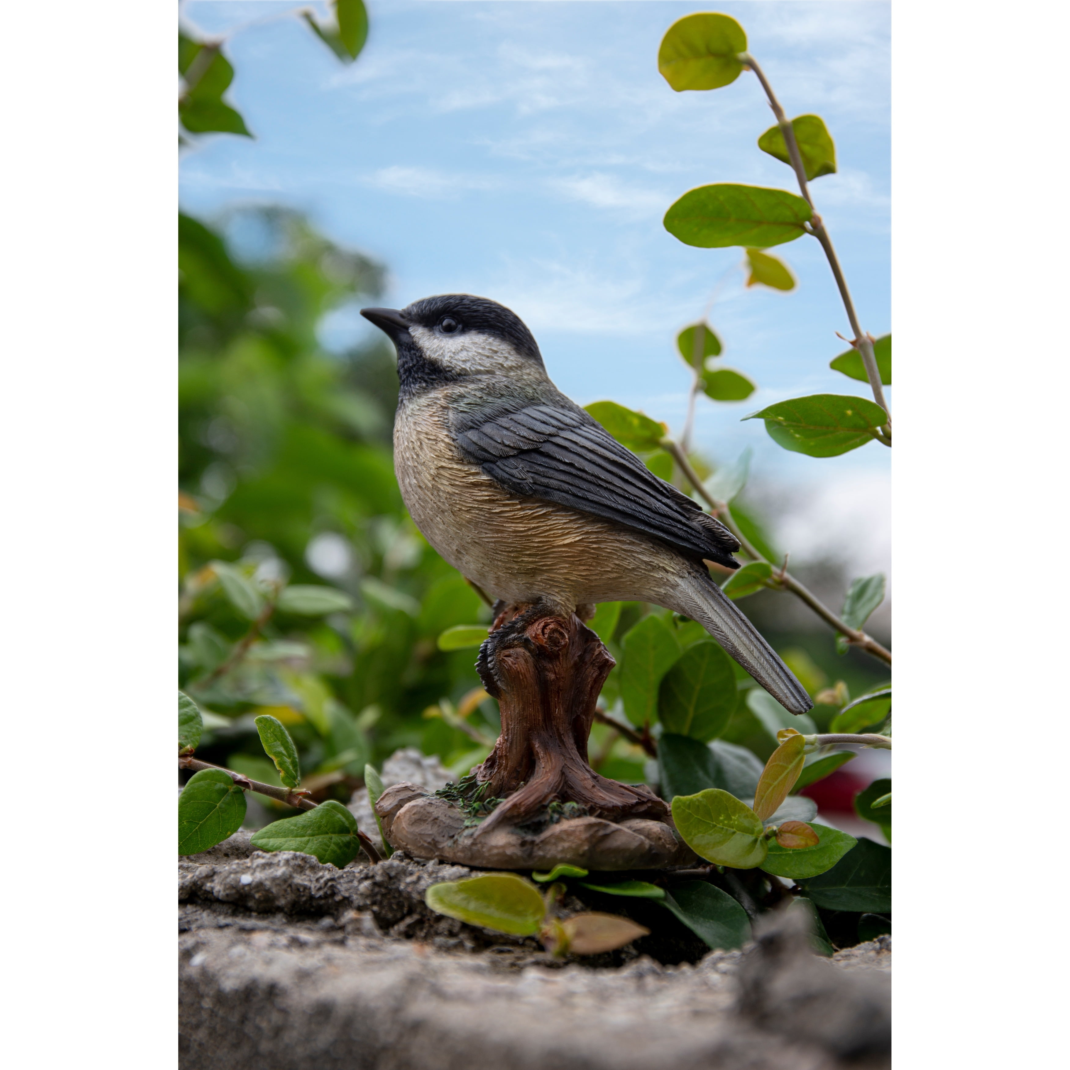 Chickadee Peeking on Stump Polyresin Garden Statue