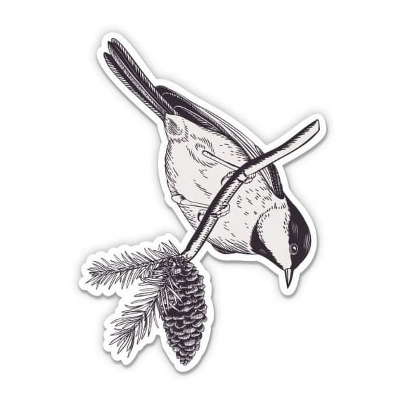 Chickadee Pine Tree Branch - 3" Vinyl Sticker - For Car Laptop I-Pad Phone Helmet Hard Hat - Waterproof Decal