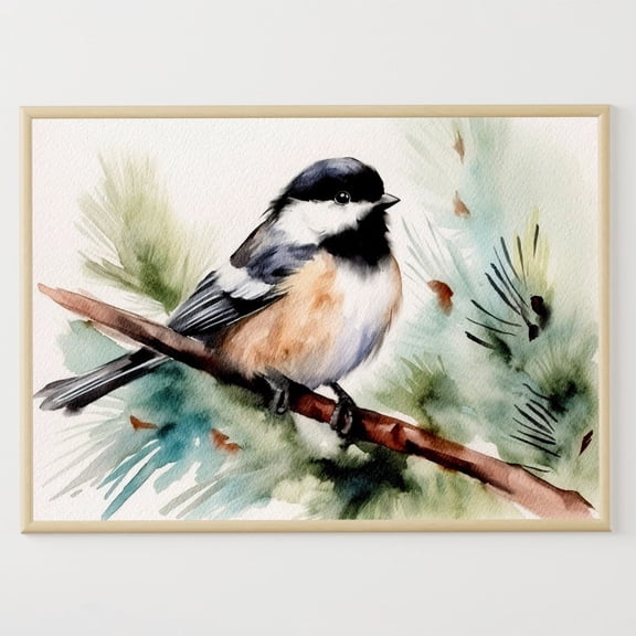 Chickadee Poster Forest Bird Pine Tree Poster Woodland Wall Art, Unframed Poster Size 24x36