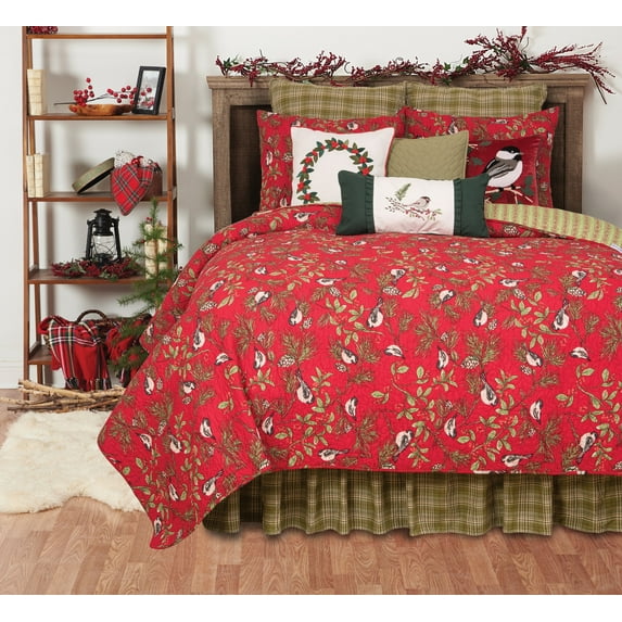 Chickadee Red Full/Queen Cotton Quilt Set Reversible Machine Washable Bedding Christmas Xmas Holiday Bedding