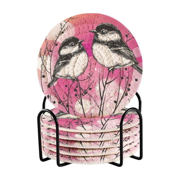 Chickadee Rest 4in Bar Coasters Set of 6 with Storage Rack Durable Heat Resistant