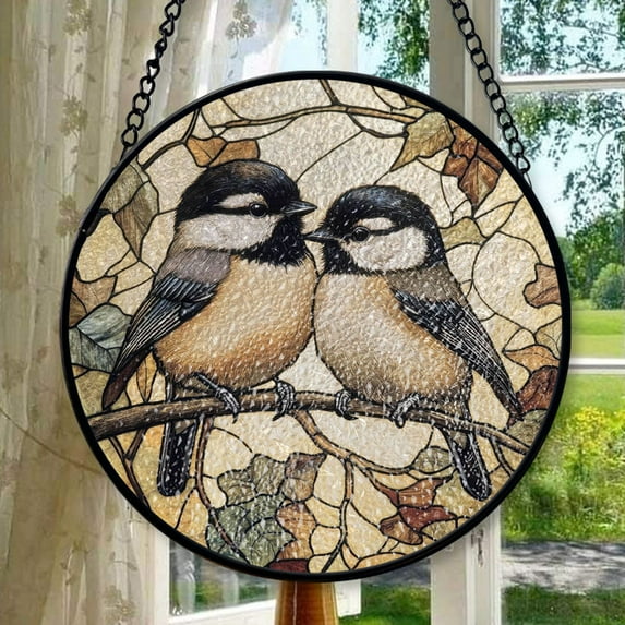 Chickadee Stained Glass Sun Catcher Bird Light Catcher Couple of Chickadees Window Hanging Bird Home Decoration, Stained Glass Ornament 2025, Holiday Decoration, Seasonal Keepsake
