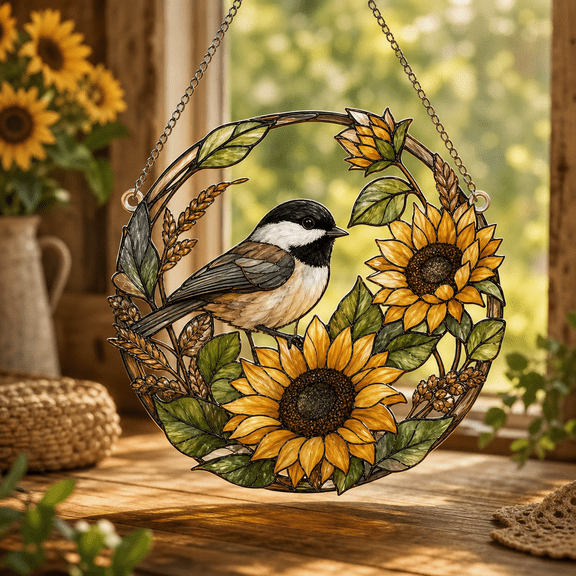Chickadee Sunflower Acrylic Suncatcher, Rustic Bird Window Decor Gift