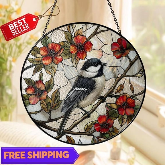 Chickadee with Red Flowers Suncatcher, Glass-Effect Round Window Hanging