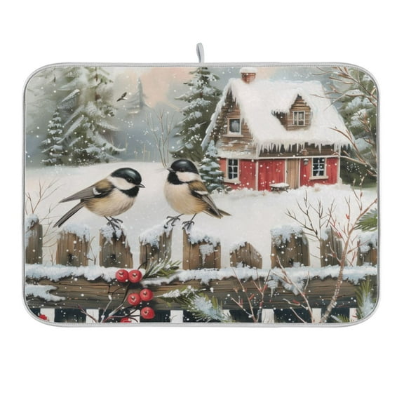 Chickadees Bird and House Dish Drying Mat 16x18 Absorbent Microfiber Draining Rack Pad for Kitchen Counter Sink