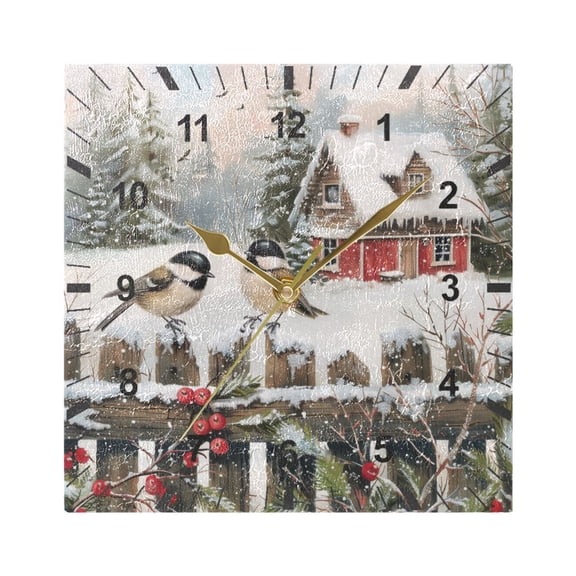 Chickadees Bird and House Wall Clock Battery Operated Silent Non-Ticking Bedroom Office Kitchen Home School Decor 7.8"(Gold)