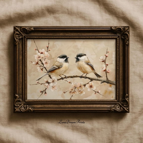 Chickadees Birds Beige Wall Prints Vintage Spring Print Farmhouse Wall Art Nature Floral Room Decor Cottagecore Flowers Print