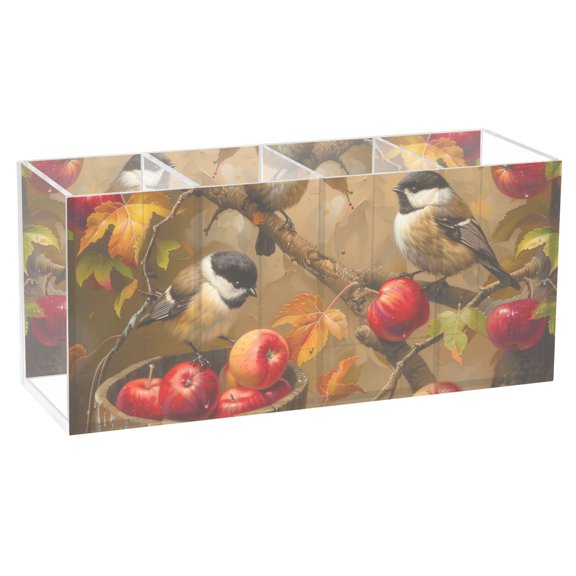 Chickadees Birds on Apple Tree Acrylic Pencil Pen Holder Cup 4 Compartments Desktop Organiser 7.87"x2.78"x3.54"