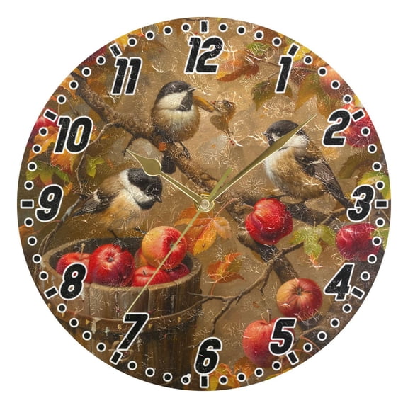 Chickadees Birds on Apple Tree Round Wall Clock Battery Operated Silent Non-Ticking Bedroom Office Kitchen Home School Decor 10"(Gold)