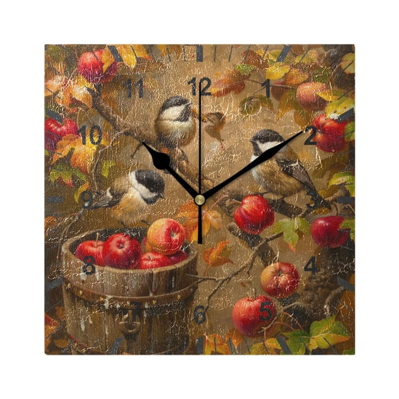 Chickadees Birds on Apple Tree Wall Clock Battery Operated Silent Non-Ticking Bedroom Office Kitchen Home School Decor 7.8"(Black)