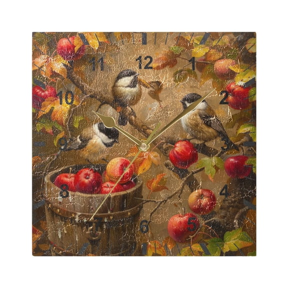 Chickadees Birds on Apple Tree Wall Clock Battery Operated Silent Non-Ticking Bedroom Office Kitchen Home School Decor 7.8"(Gold)