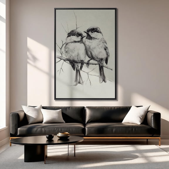 Chickadees Sketch Art Black and White Bird Print Poster Decor For Living Room Bedroom, Unframed Poster Size 16x24