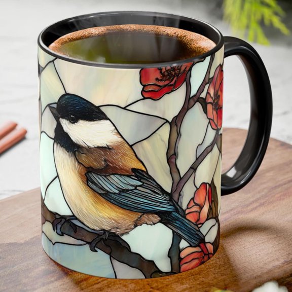 Chickadees Stained Glass Mug Coffee Cup 11oz & 15oz, Nature Bird Lover Gift, Two Chickadee Birds Coffee Mug, Bird Watcher Tea Cup Art Gift