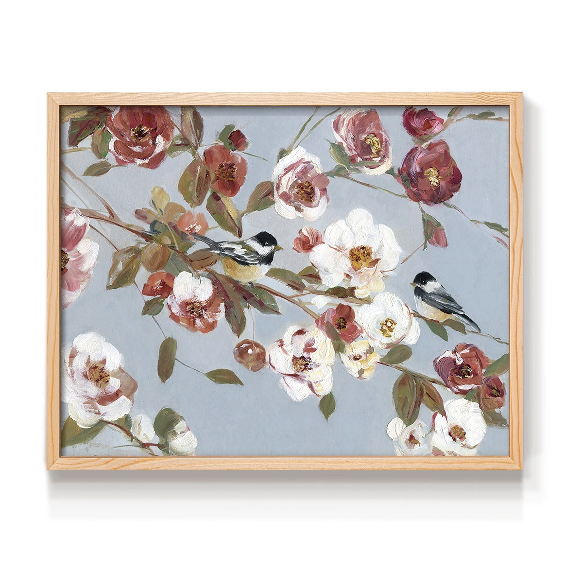 Chickadees and Blossoms II by Sally Swatland - Restickable Framed Giclée Print