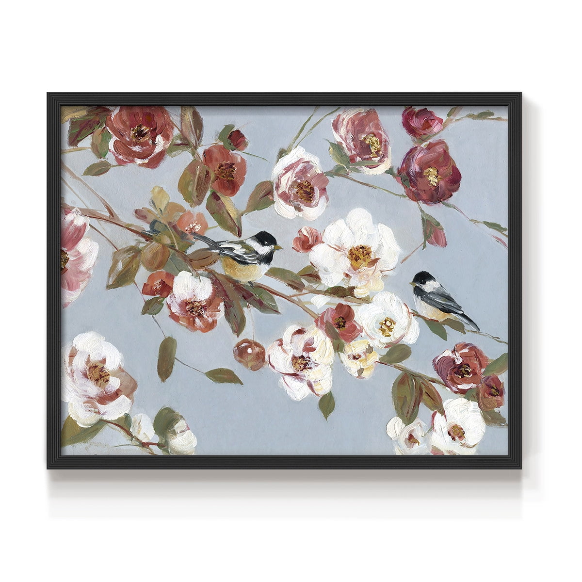 Chickadees and Blossoms II by Sally Swatland - Restickable Framed Giclée Print