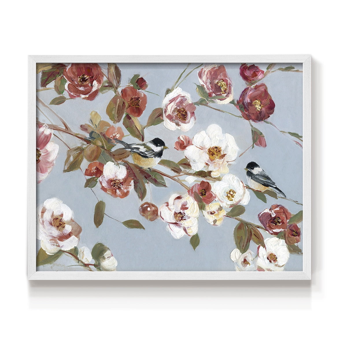 Chickadees and Blossoms II by Sally Swatland - Restickable Framed Giclée Print