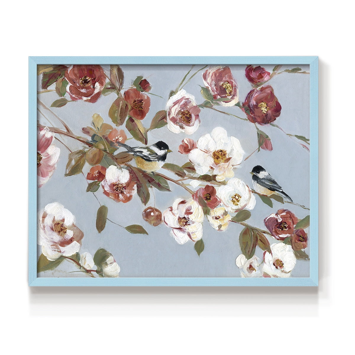 Chickadees and Blossoms II by Sally Swatland - Restickable Framed Giclée Print