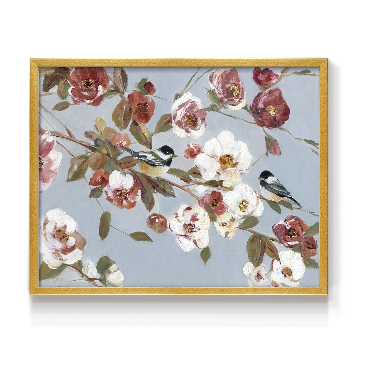 Chickadees and Blossoms II by Sally Swatland - Restickable Framed Giclée Print