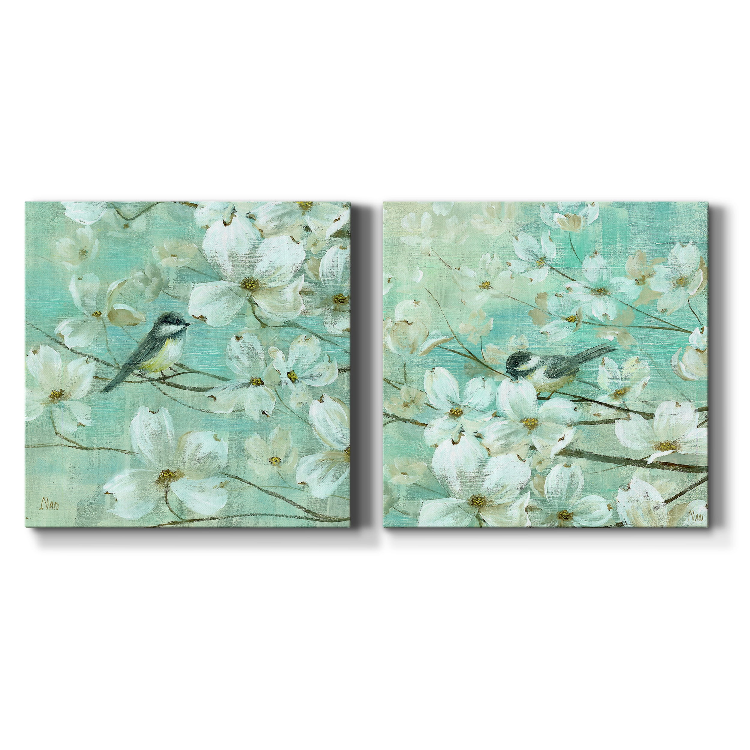 Chickadees and Dogwood - Detail I - Premium Gallery Wrapped Canvas - Ready to Hang Set of 2 - 16 x 16 Each