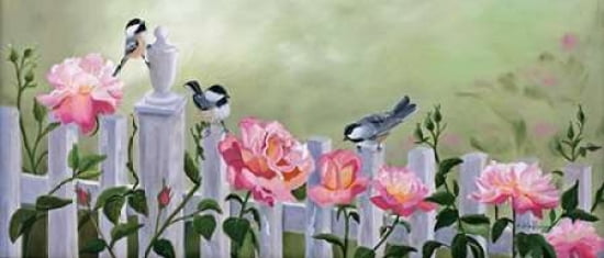 Chickadees and Pink Roses Canvas Art - Julie Peterson (10 x 20)