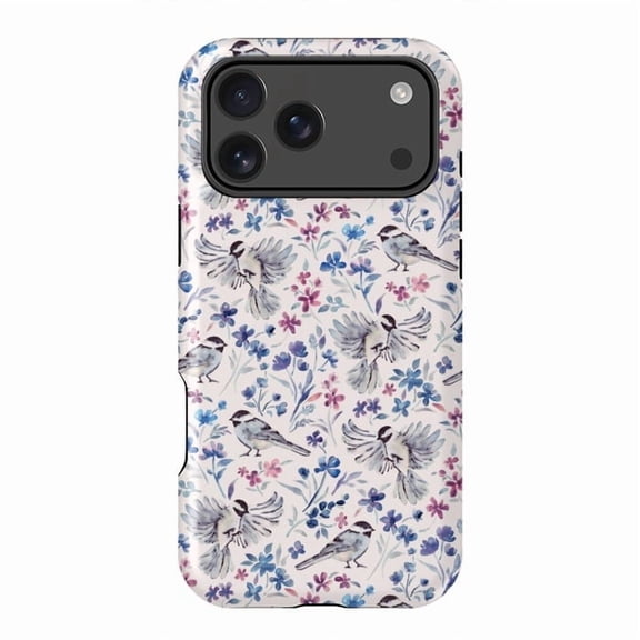 Chickadees and Wildflowers in Lavender Blues on Cream for iPhone 17 16 15 14 13 12 11 Pro Max