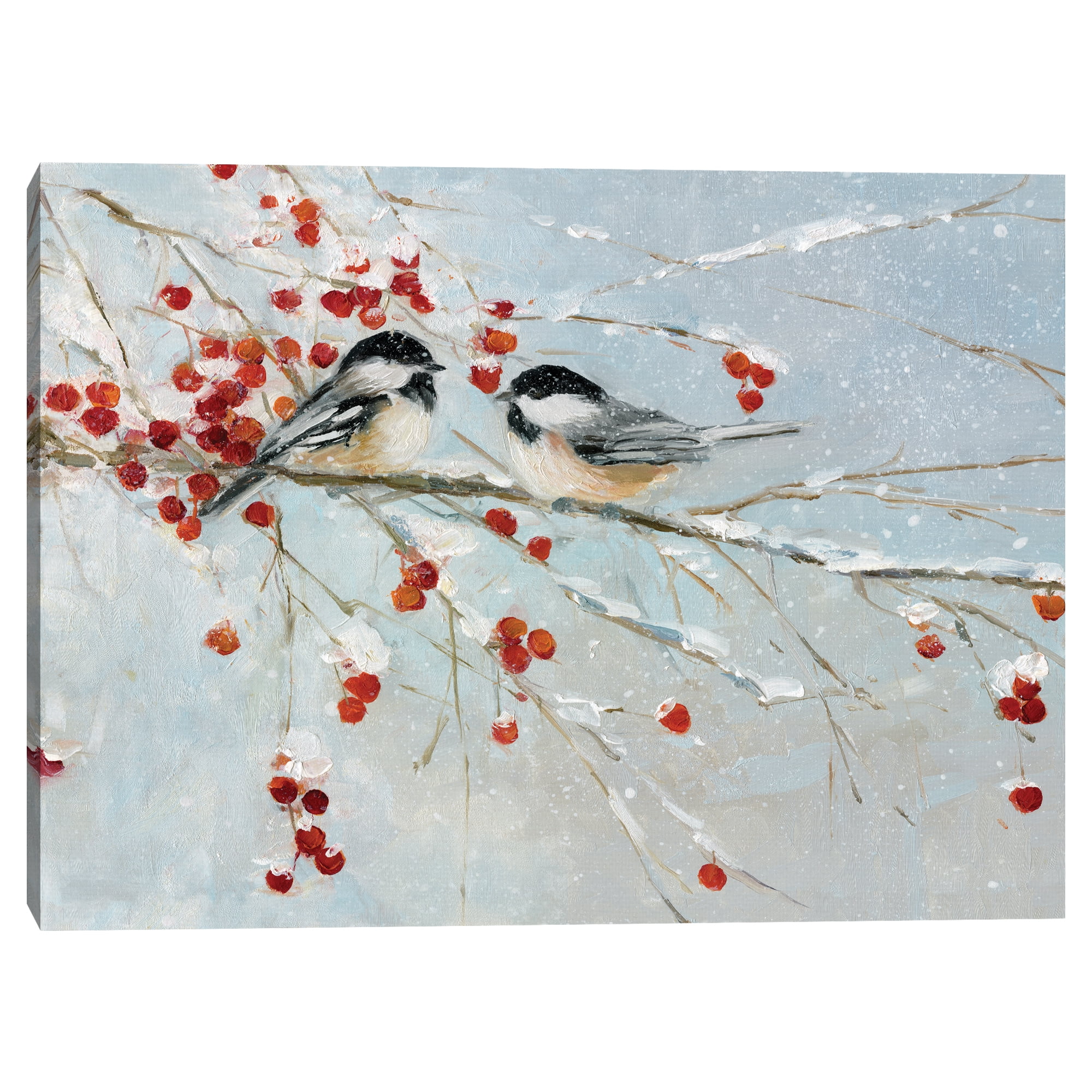 Winter Chickadees on Snowy Branch Canvas Art Print