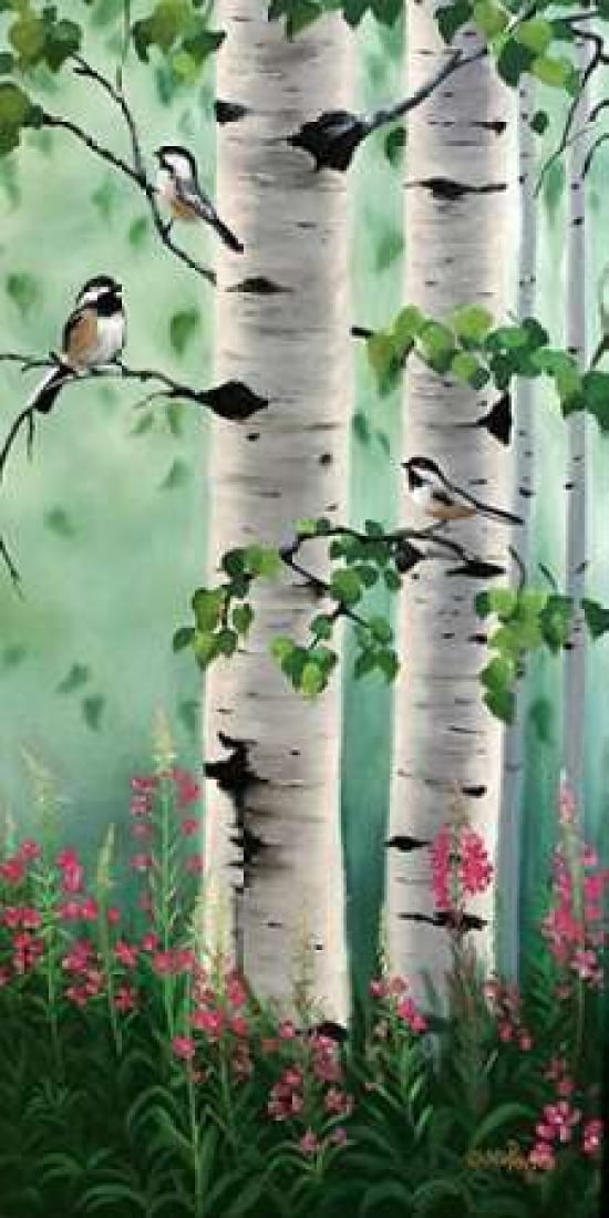 Chickadees in the Birch Trees Canvas Art - Julie Peterson (10 x 20)
