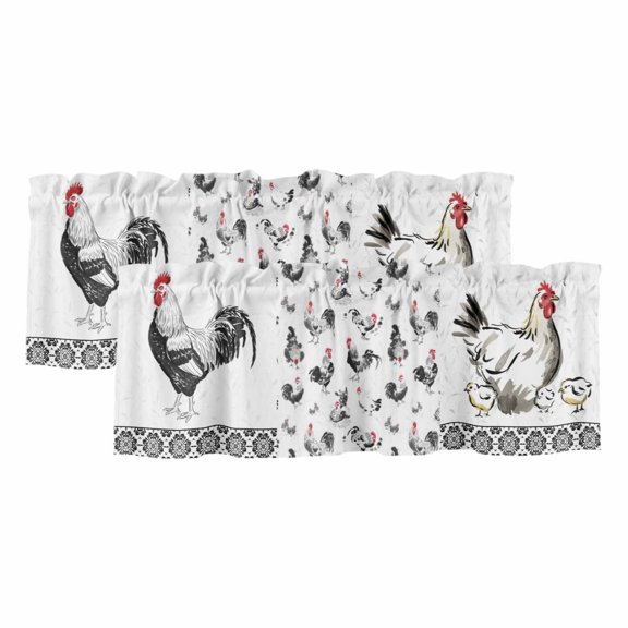Chicken 2 Panels Kitchen Valance, Rustic Rooster Hen Floral Black Farm Animal Curtains Valances for Small Windows Rod Pocket Window Treatments for Living Room Bedroom 54" W x 18" L